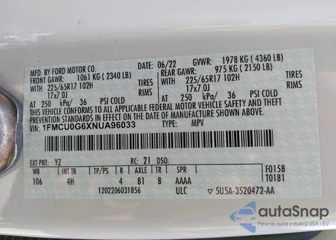 2022 Ford Escape Se из США, поврежденный, VIN 1FMCU0G6XNUA96033